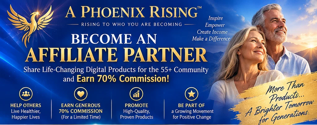 A Phoenix Rising affiliate partner program promotional banner with mature couple and royal blue and gold branding